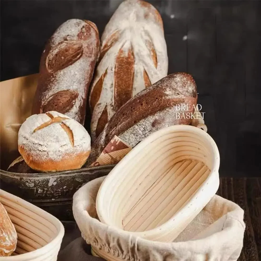 baked bread in banneton basket